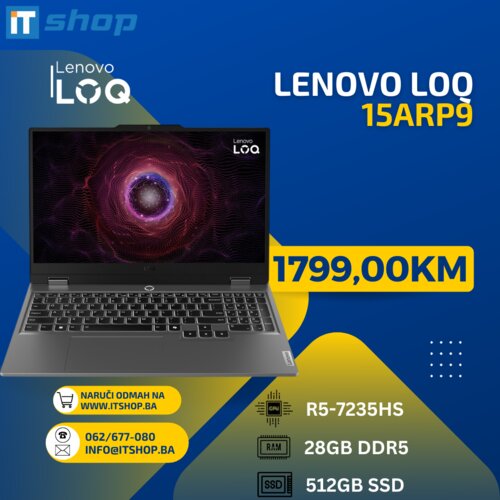 Lenovo LOQ 15ARP9, Ryzen 5 7235HS, 28GB DDR5, 512GB SSD, RTX3050 6GB GDDR6 Slike