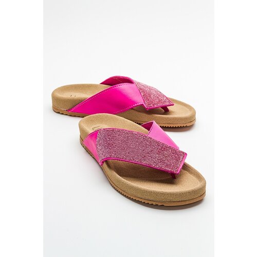 LuviShoes BEEN Women's Pink Stone Leather Flip Flops Slike