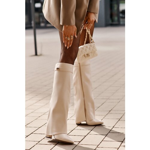 Boto FB2 Women&amp;#039;s Eco Leather Boots With Rolled Shaft On Heel Light Beige Avamora Slike