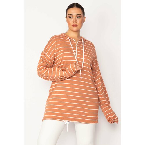 Şans Women's Plus Size Tan Front Patties with Zipper Eyelets and Lace-Up Detail, Hooded Striped Tunic Slike
