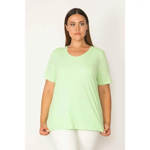 Şans Women's Plus Size Green Cotton Fabric V-Neck Short Sleeve Blouse