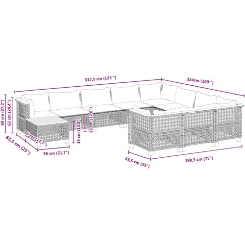  11-dijelni set vrtnih sofa od poliratana s jastucima crni Crna 55 x 55 x 36 cm Slike