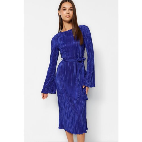 Trendyol Navy Blue Premium Pleat Fabric A-Line Midi Knitted Dress with Flare Sleeves Detail Cene