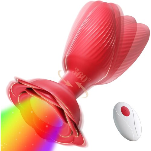 SuperLove Rose Glowing 360 Rotating &amp;amp; Vibrating Anal Plug with Remote Red Slike
