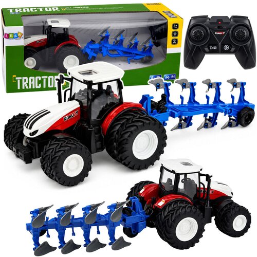 Rc Remote Controlled Agricultural Tractor with Double Furrow Plow Red 1:24 Cene