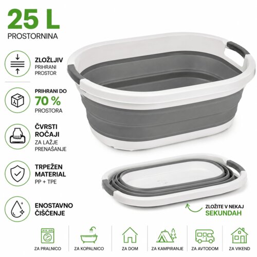  Zložljiv ko&amp;scaron; za perilo 25 L &amp;ndash; silikonski pralni lavor z ročaji | Zložljiva posoda za kampiranje in dom Slike