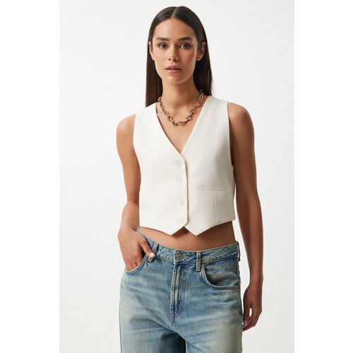 Happiness İstanbul women's White Linen Short Vest Slike