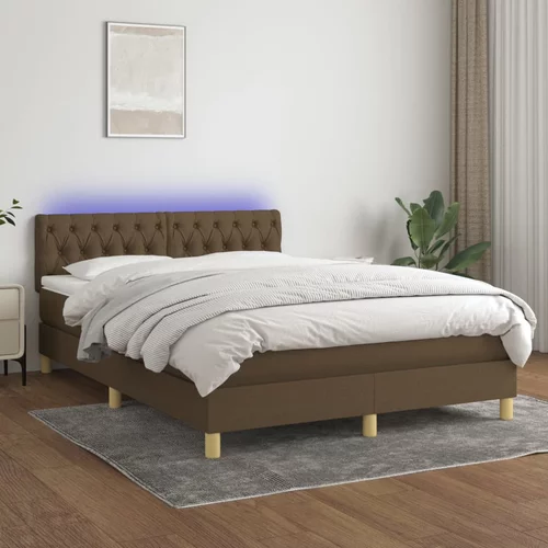 vidaXL Box spring postelja z vzmetnico LED temno rjava 140x200cm blago