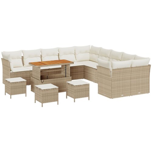 VidaXL 14-dijelni vrtni sofa set s jastučićima bež poly ratan akacija, 4-dijelni vrtni blagovaonski set s jastučićima bež poly ratan akacija Slike
