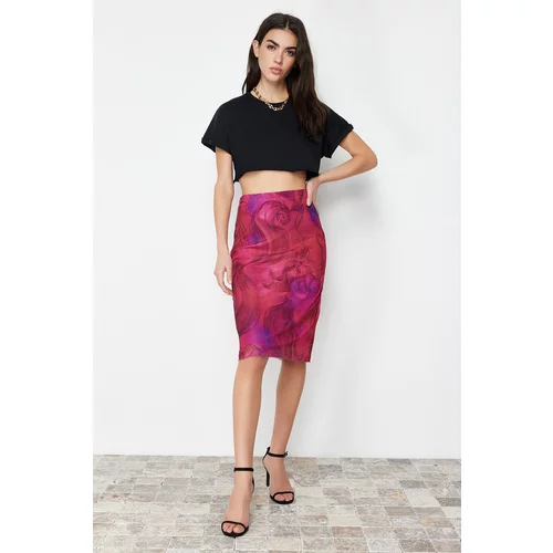 Trendyol Premium Fuchsia Printed Tulle High Waist Lined Midi Knitted Skirt