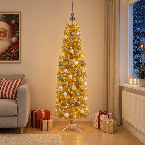  Umjetno usko božićno drvce s kuglicama 180 cm 300 LED lampica Slike