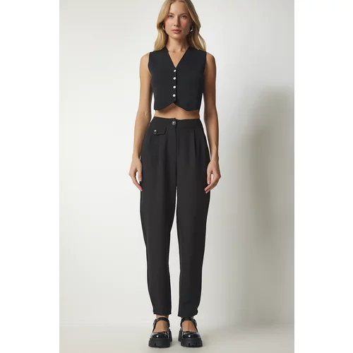 Happiness İstanbul Women's Black Stylish Woven Pants with Buttons