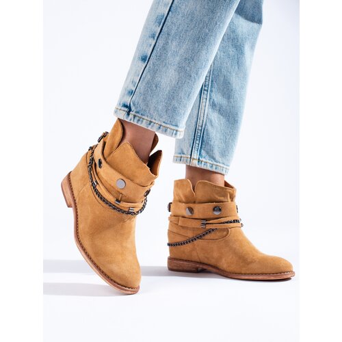 SHELOVET Suede women's cowboy boots on wedge camel Slike