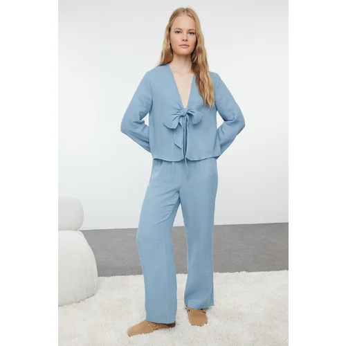 Trendyol Blue Solid Tie Detail Muslin Woven Pajama Set