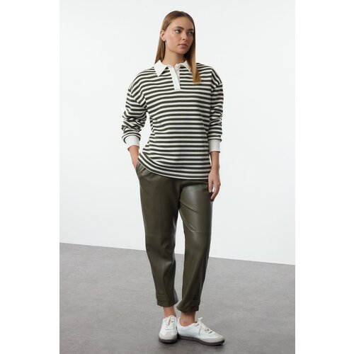 Trendyol Khaki Striped Polo Collar Thick Polar Fleece Oversize Knitted Sweatshirt Slike