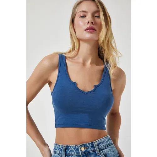Happiness İstanbul Women's Indigo Blue Strappy Crop Knitted Blouse