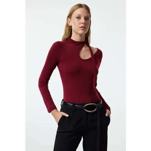 Trendyol Burgundy Barbell Neck Fitted Stretchy Knitted Bodysuit