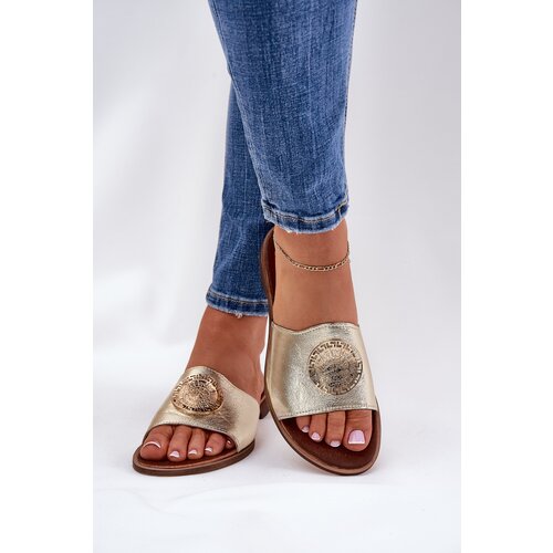 Zazoo 2938 Leather Slippers On Flat Heel With Decoration Gold Cene