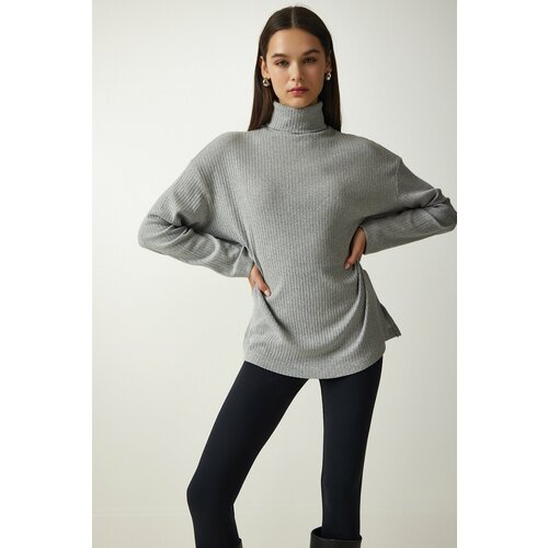 Happiness İstanbul Women's Gray Turtleneck Ribbed Oversize Knitted Blouse Slike
