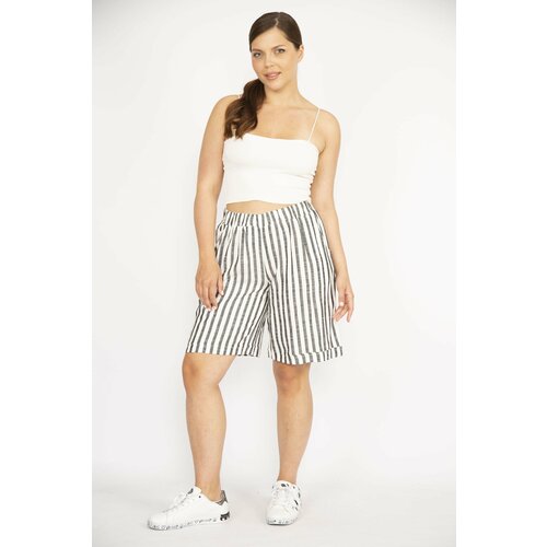 Şans Women's Smoked Large Size Striped Linen Woven Fabric Shorts with Elastic Waist Pockets Slike