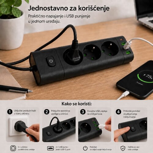 Prosto produžni kabl sa 3 utičnice, USB i USB-C priključcima, crni Slike