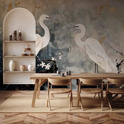 Foto tapeta - Herons and cherry blossoms - oriental-style illustration depicting birds 150x105 Vodootporna Cene