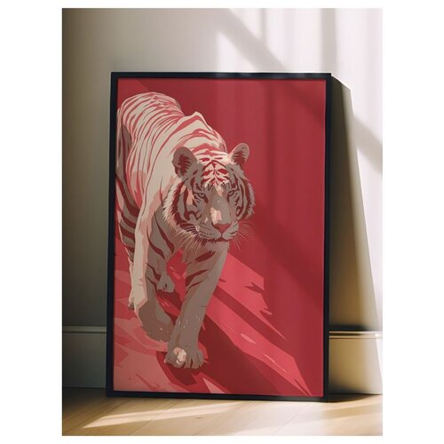 Wallxpert uramljena slika 115262, beli tigar na crvenoj pozadini, 30 x 40 cm, crni ram Slike