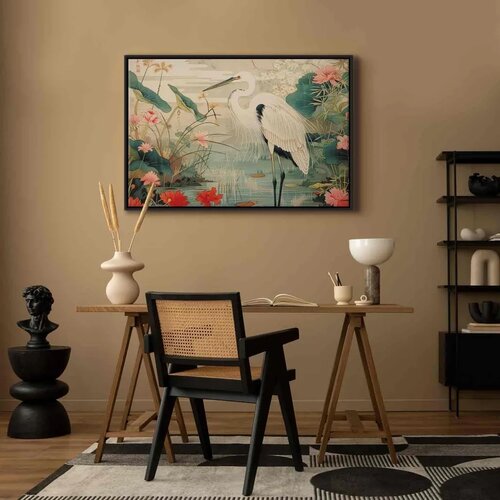  Slika - By an Asian pond - an illustration in the style of a Japanese engraving depicting a heron 90x60 U crnom drvenom okviru Slike
