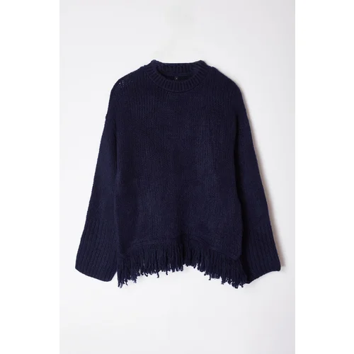 Trendyol Navy Blue Soft Textured Tassel Detailed Knitwear Sweater