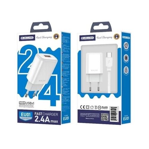 Jellico adapter EU01 12W 2,4A USB A s kablom Tyoe C - (EU Blister) bel Slike