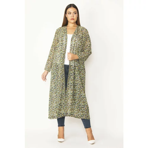 Şans Women's Plus Size Colorful Chiffon Fabric Patterned Long Cardigan