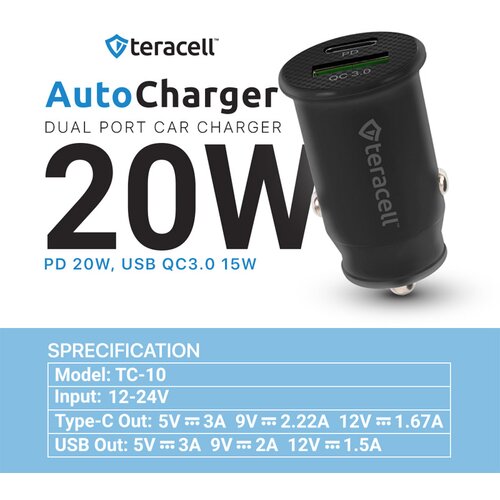 Teracell Auto punjač Evolution TC-10 PD 20W/ USB QC3.0 15W sa Type-C kablom crni Cene