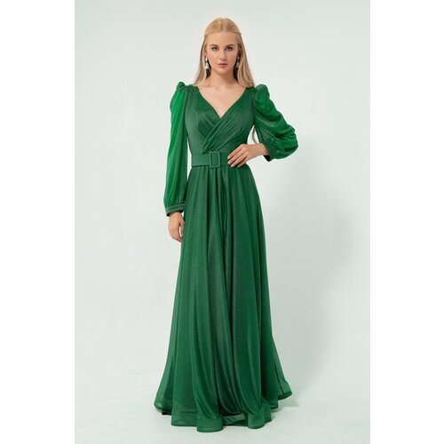 Lafaba Women's Emerald Green Double Breasted Neck Silvery Long Flared Evening Dress Slike