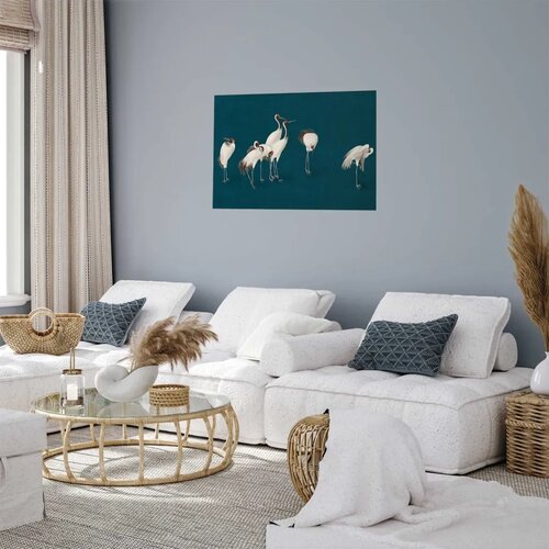  Plakat - Evening at the Pond - group of cranes drawn in dry pastel on a dark turquoise background 60x40 Bez okvira Slike