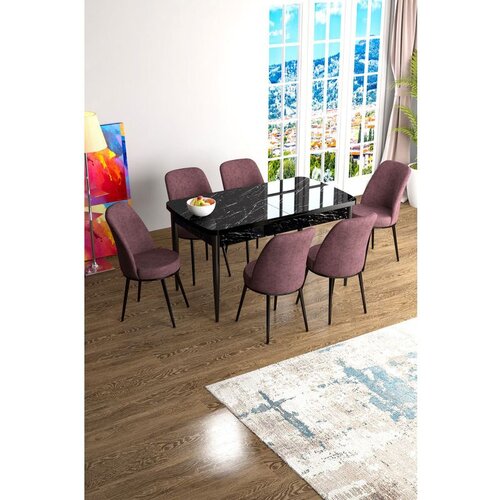 Hanah home Han - Black Marble, Dusty Rose Black MarbleDusty Rose Extendable Dining Table & Chairs Set (7 Pieces) Cene