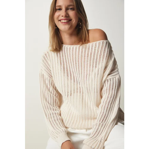  Women's Cream Boat Neck Openwork Knitwear Sweater