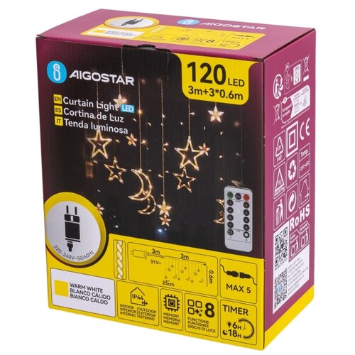 Aigostar spoljni led božićni niz 120xLED/6W/230V/8 funkcija 3x0,6m IP44 topla bela do Slike