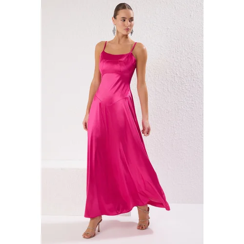 Trendyol Fuchsia Plain Skirt Waist Opening Knitted Satin Maxi Evening Dress & Graduation Dress