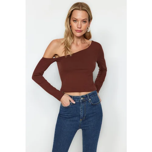 Trendyol Brown One-Shoulder Cotton Slim Fit Crop Knitted Blouse