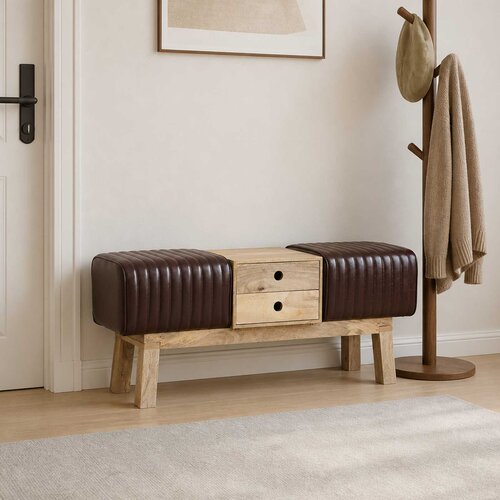  Klupa 110 x 30 x 45 cm Prava koža Tamno smeđa Slike