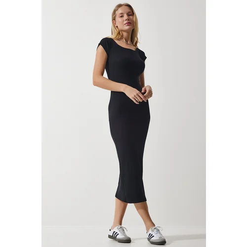  Women's Black Crew Neck Ribbed Knitted Modal Dress