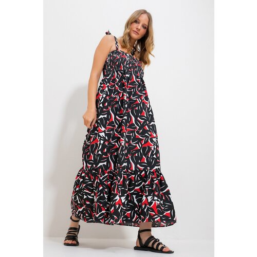 Trend Alaçatı Stili Women's Black Strap Skirt Flounce Floral Pattern Gimped Woven Dress Slike