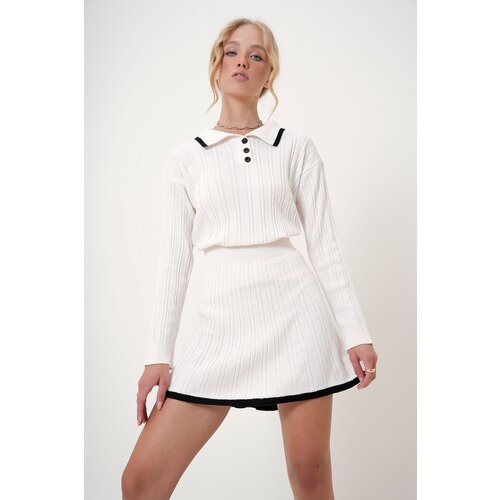 Trend Ala&amp;ccedil;atı Stili Women&amp;#039;s Ecru Polo Collar Buttoned Knitwear Sweater and Skirt Set Slike