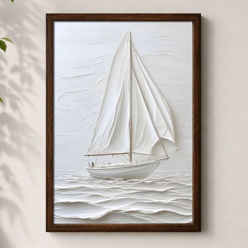 Wallxpert uramljena mdf slika 3752KACT-021, bela jedrilica na talasima, reljefni efekat, 37 x 52 cm Cene