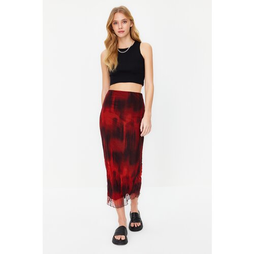 Trendyol Red Printed Wrinkled Look Lined Tulle Maxi Stretchy Knitted Skirt Slike