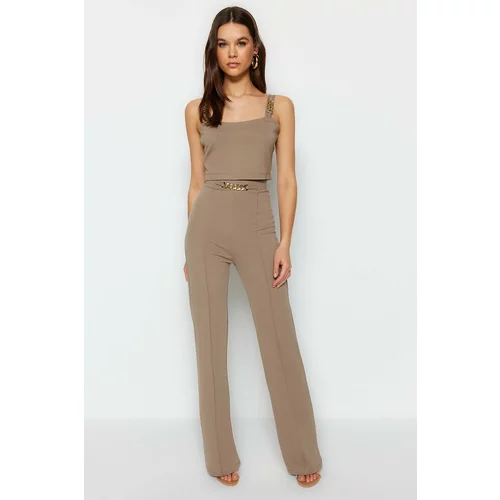 Trendyol Mink Gold Chain Detail Ribbed Wide Leg/Comfort Cut High Waist Knitted Trousers