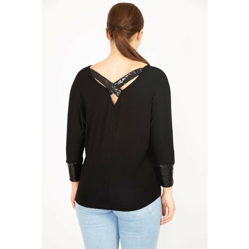 Şans women's black plus size sequin detail v-neck long sleeve blouse at back and sleeves Cene
