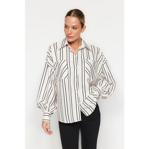 Trendyol Ecru Striped Oversize/Creature Satin Woven Shirt