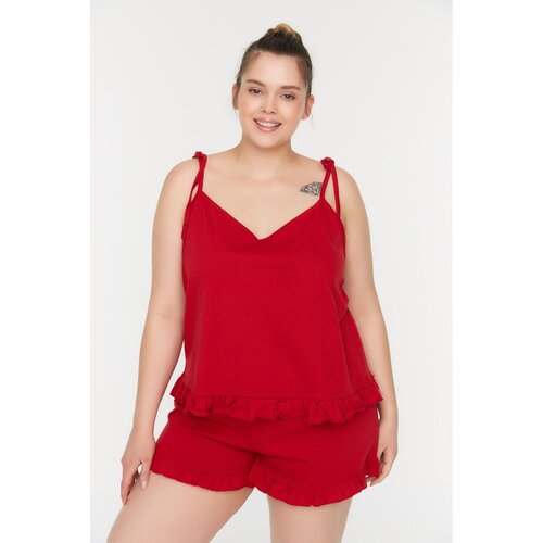 Trendyol Curve Red Ruffle Detailed Strap Knitted Pajamas Set Slike