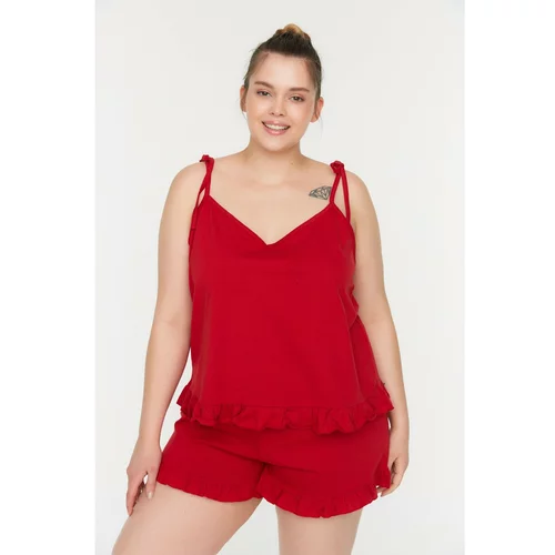 Trendyol Curve Red Ruffle Detailed Strap Knitted Pajamas Set
